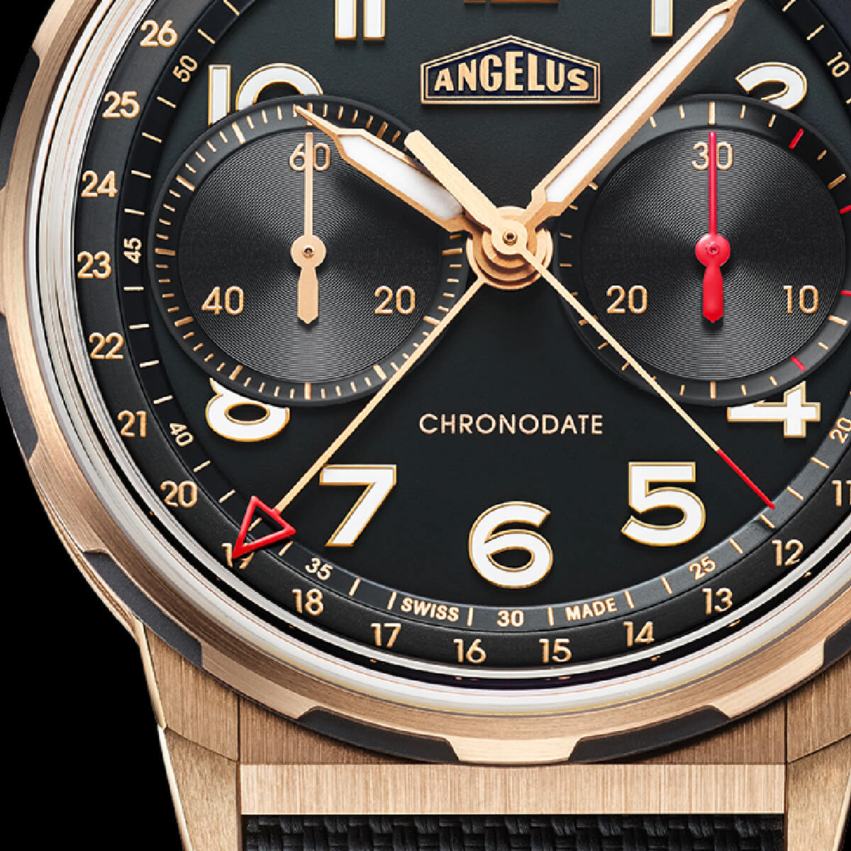ANGELUS CHRONODATE GOLD BLACK DIAL DETAIL