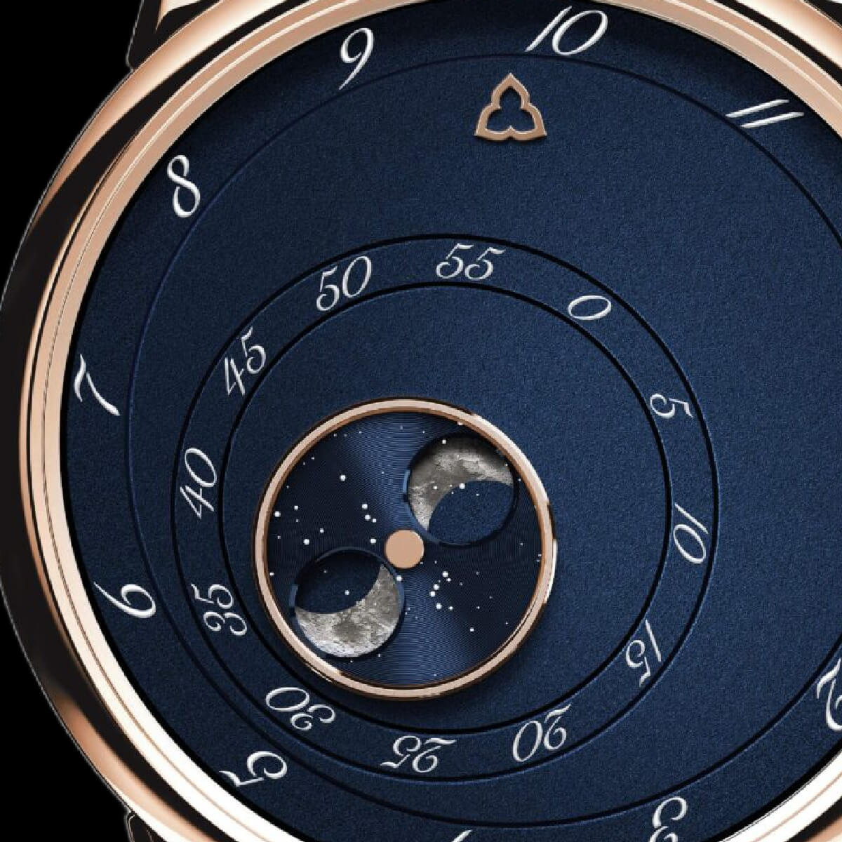 The Trilobe Les Matinaux L'Heure Exquise Blue wristwatch with moon phase in 18ct rose gold.