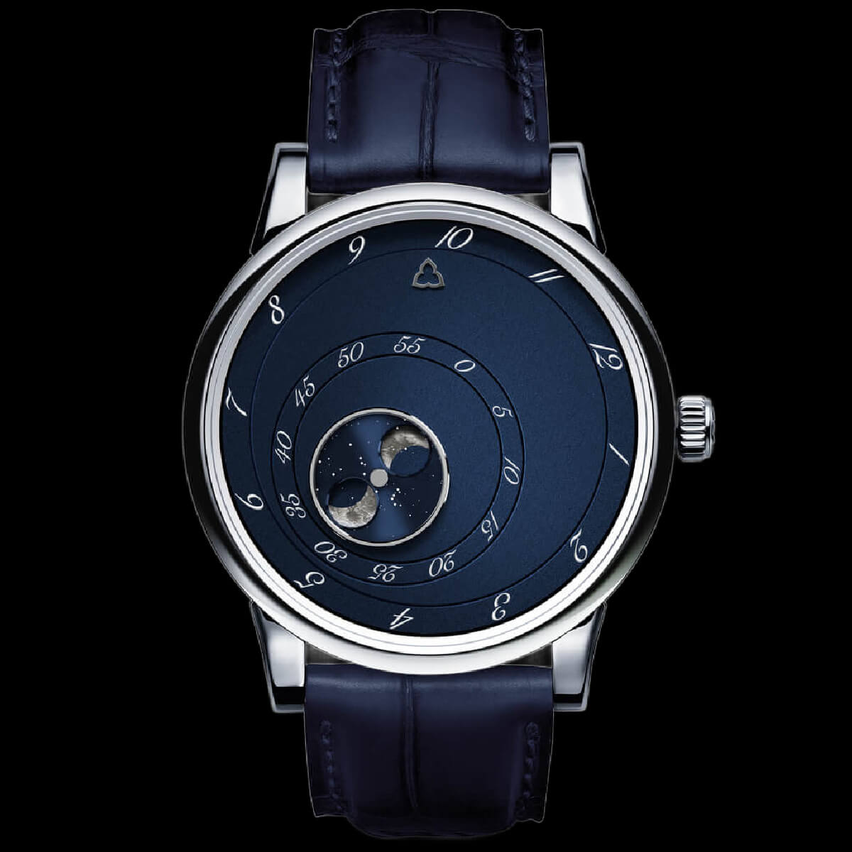 The Les Matinaux L'Heure Exquise Blue watch by Trilobe with moon phase in titanium case.
