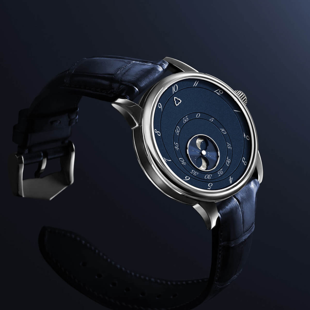 The Les Matinaux L'Heure Exquise Blue watch by Trilobe with moon phase in titanium case.